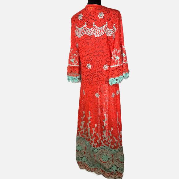 Antica Sartoria by Giacomo Long Lace Kimono Red Aqua Embroidered Boho Cover up - Picture 3 of 16